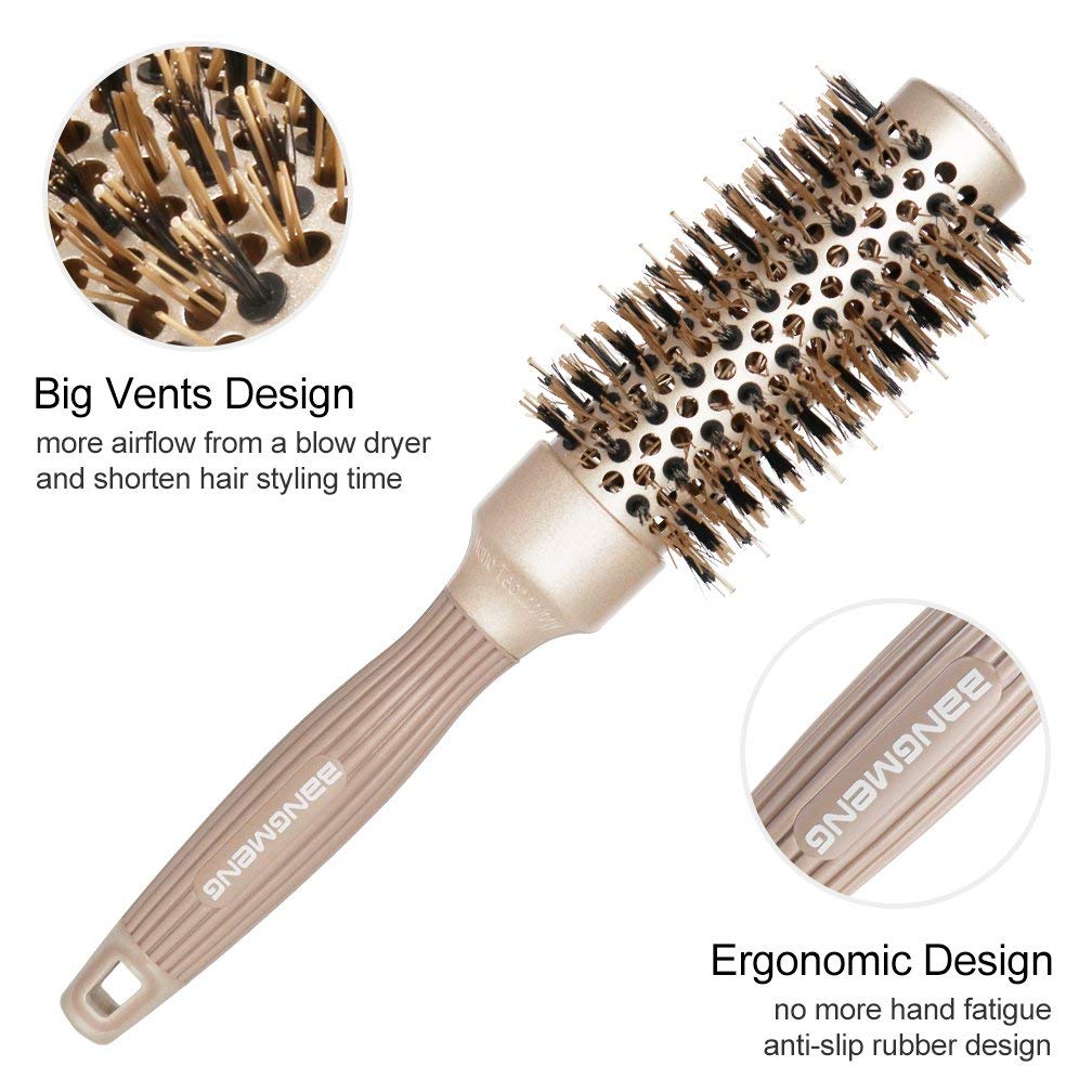 BANGMENG Round Barrel Hair Brush with Boar Bristles – Nano Thermal Ceramic Ionic Tech for Shine, Smooth Blowouts & Frizz Control (1¼")