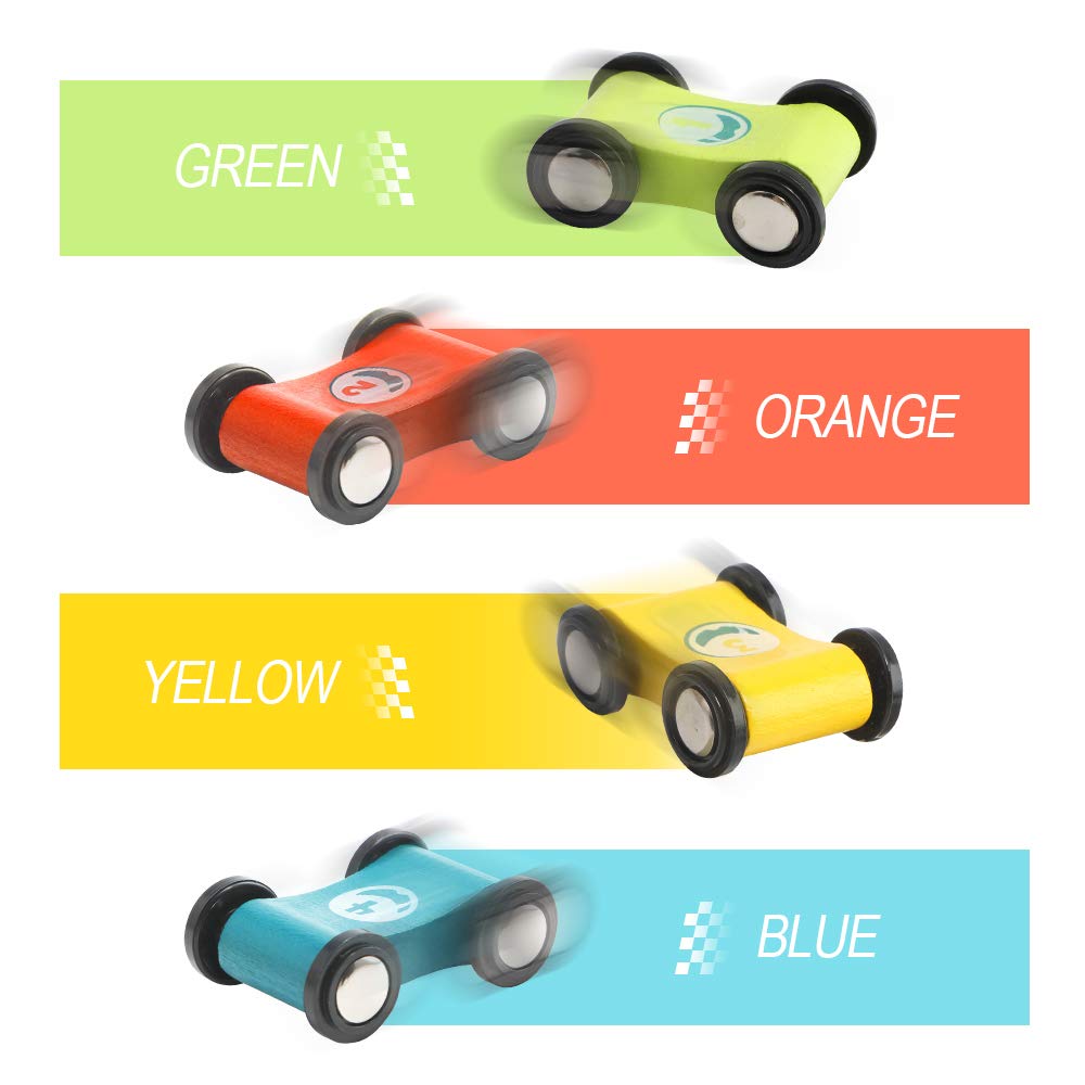TOP Bright Wooden Toddler Race Track & Car Ramp Toys for 1-2 Year Olds with 4 Mini Cars and Garage – Motor Skills Playset