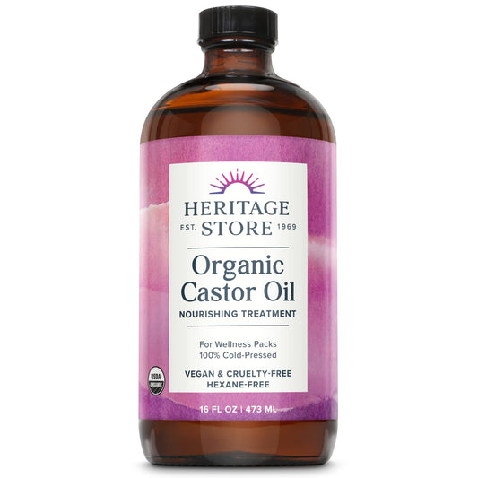 HERITAGE STORE Organic Castor Oil 16oz – Cold Pressed, Hexane-Free, Vegan – Nourishing Hair & Skin Treatment, Lash & Brow Serum in Glass Bottle