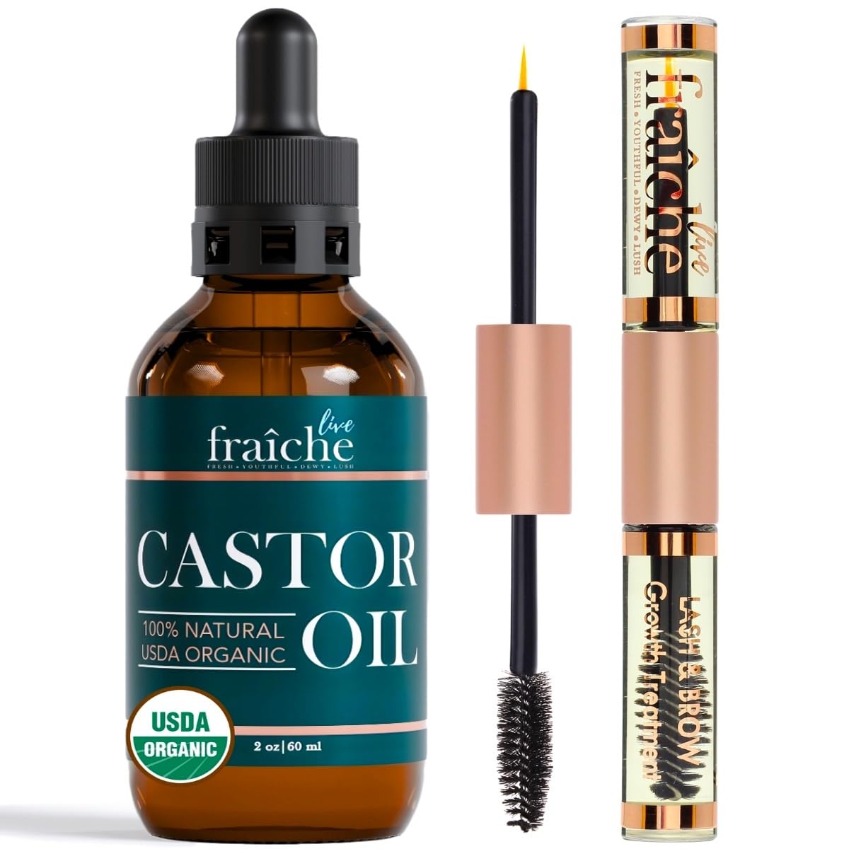 Live Fraiche Organic Castor Oil Lash & Brow Serum – 100% Pure Cold-Pressed, Hexane-Free Hair Growth Oil with Filled Mascara Tube, 2oz Bottle