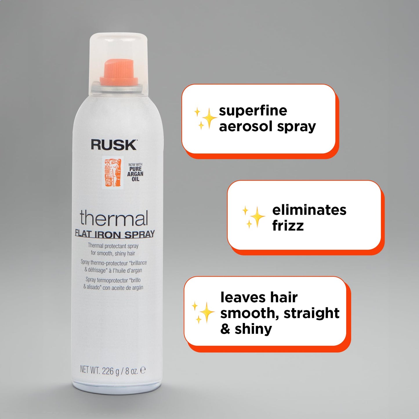 RUSK Designer Collection Thermal Flat Iron Spray with Argan Oil, Micro-Fine Spray, Eliminates Frizz, Leaves Hair Smooth and Sleek, 8 fl. oz