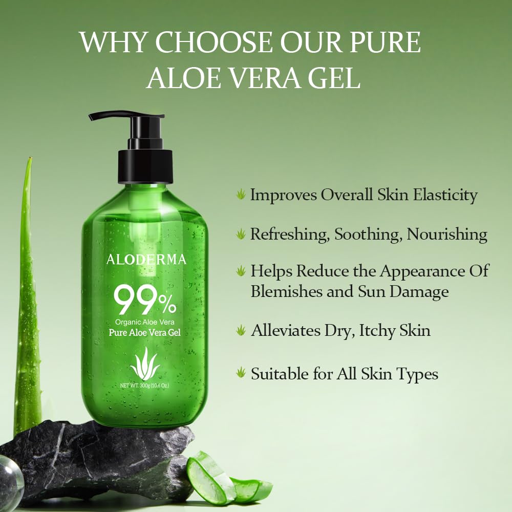 Aloderma 99% Organic Aloe Vera Gel – Fresh, Lightweight, Non-Sticky Hydrating Gel for Face, Body, Hair & Scalp, After Sun Relief 10.6oz