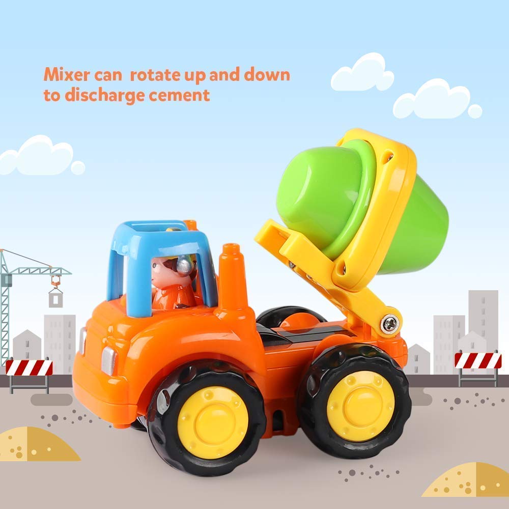 Coogam 4-Pack Friction Powered Construction Vehicles Toy Set – Push & Go Tractor, Bulldozer, Cement Mixer & Dumper for Kids