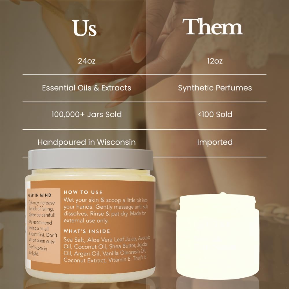 Bare Botanics Coconut Vanilla Body Scrub 24oz – All Natural Sea Salt Exfoliator, Vegan, Cruelty-Free, Moisturizing, Gift-Ready w/ Wooden Spoon