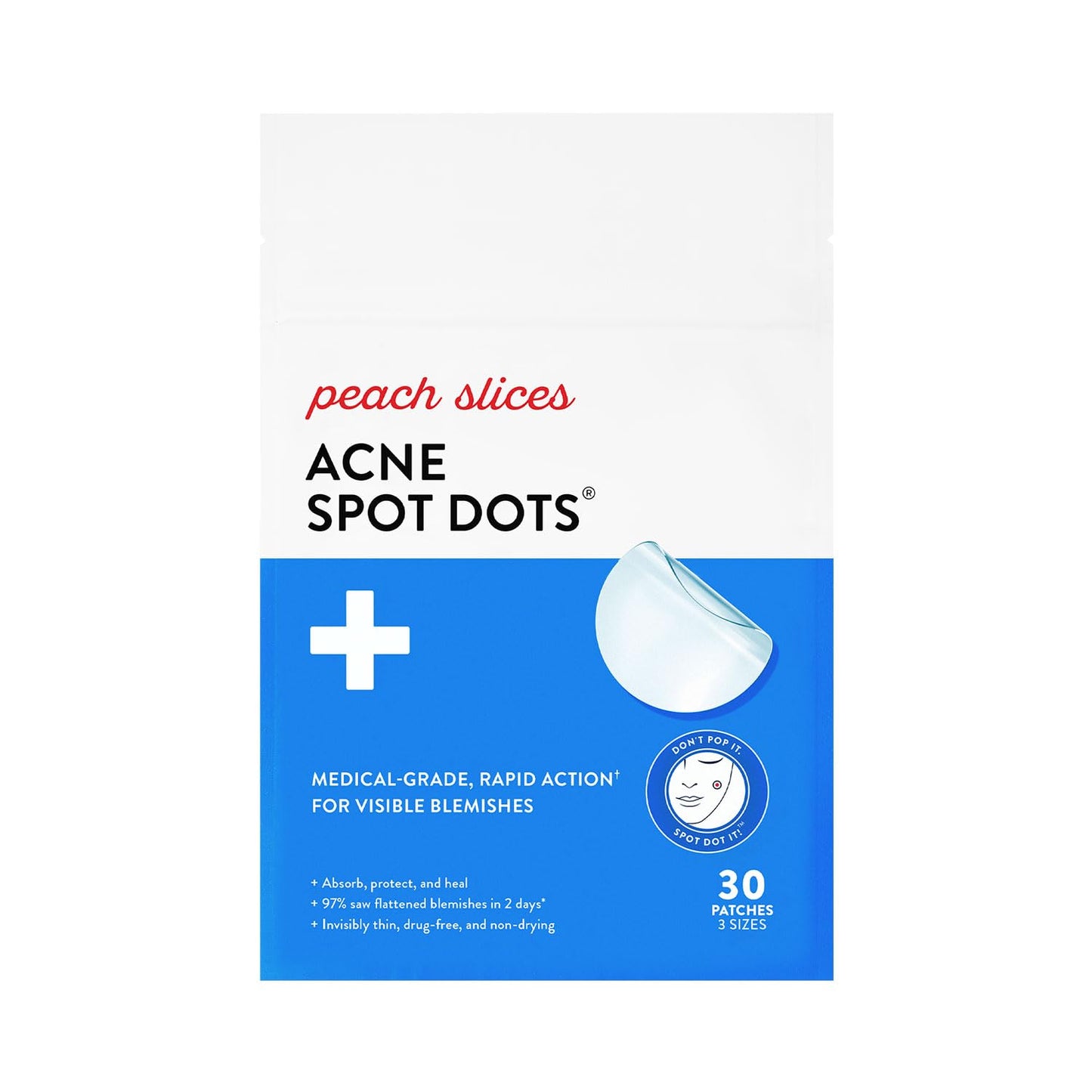 Peach Slices Acne Spot Dots – Hydrocolloid Pimple Patches for Zits & Blemishes, Vegan & Cruelty-Free, 3 Sizes, 30 Ct