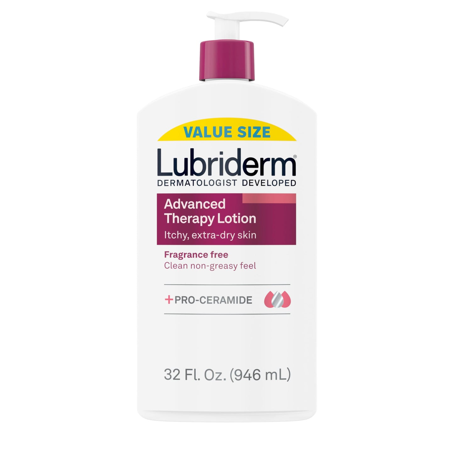 Lubriderm Advanced Therapy Fragrance-Free Hand & Body Lotion with Pro-Ceramide, Intense Hydration for Dry, Sensitive Skin, 32oz