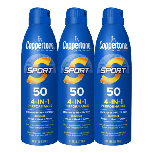 Coppertone Sport SPF 50 Sunscreen Spray, Sweat & Water Resistant, Oxybenzone-Free, Lightweight Sunblock, 5.5oz, Pack of 3
