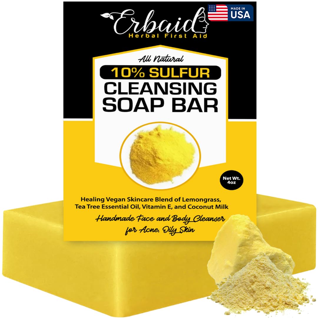 10% Sulfur Soap Bar for Face & Body – Natural Acne Cleanser with Tea Tree, Lemongrass, Vitamin E & Coconut Milk, Made in USA