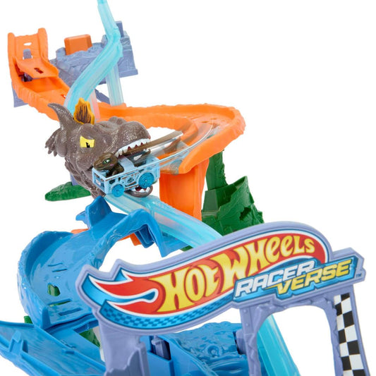 Hot Wheels Toy Car Track Set, RacerVerse Jurassic World Crash & Splash Playset with Die-Cast Velociraptor Vehicle, Dinosaur Race with Spinosaurus