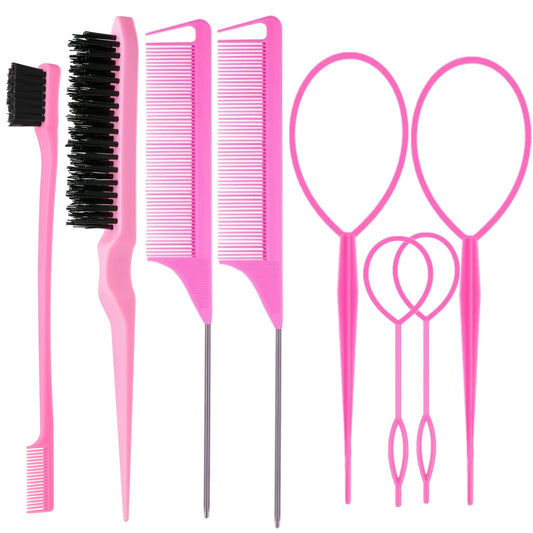 ZVOREI 8Pcs Hair Brush Set with Topsy Tail Tools & Edge Control Brush – Teasing, Styling & Back Brushing Kit for Women & Girls, Pink