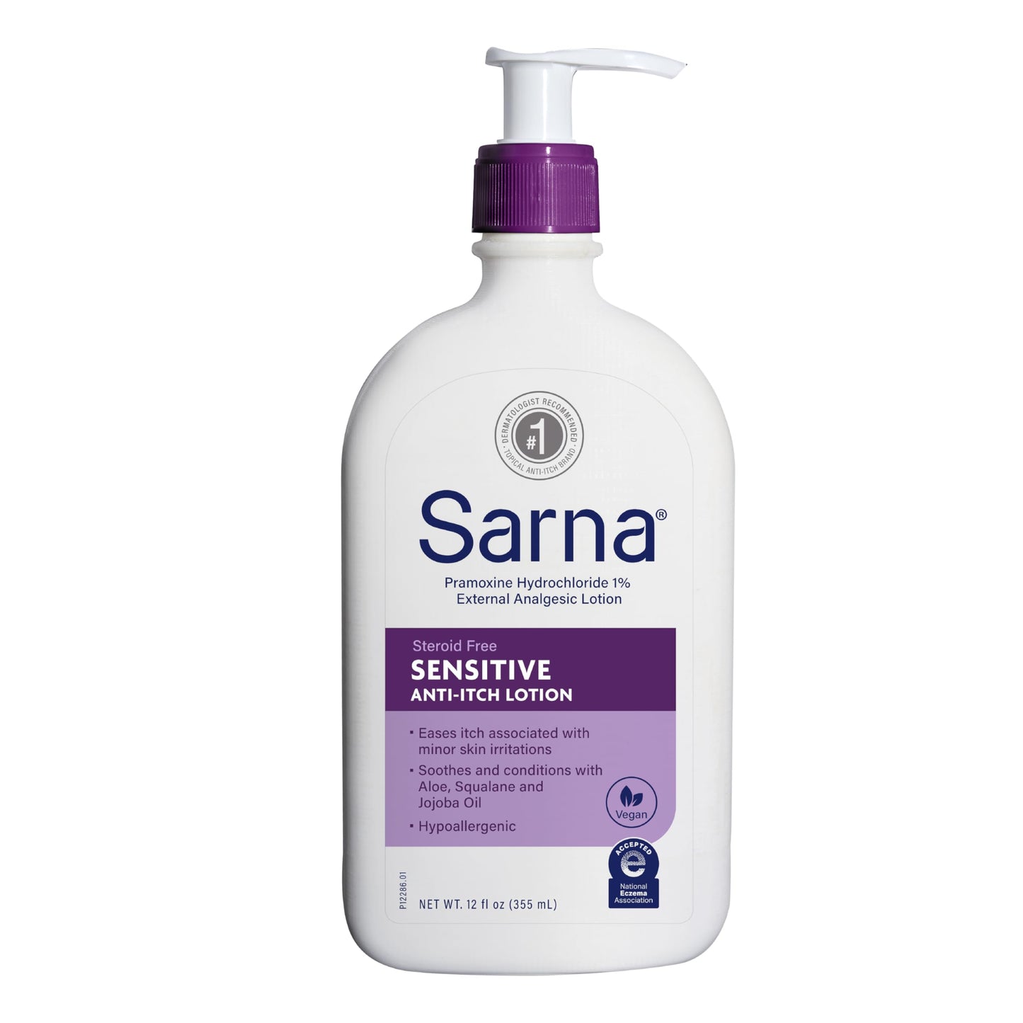 Sarna Sensitive Anti-Itch Lotion – Steroid & Fragrance-Free, Vegan, Hypoallergenic, Eczema-Friendly with 1% Pramoxine Hydrochloride, 12 oz