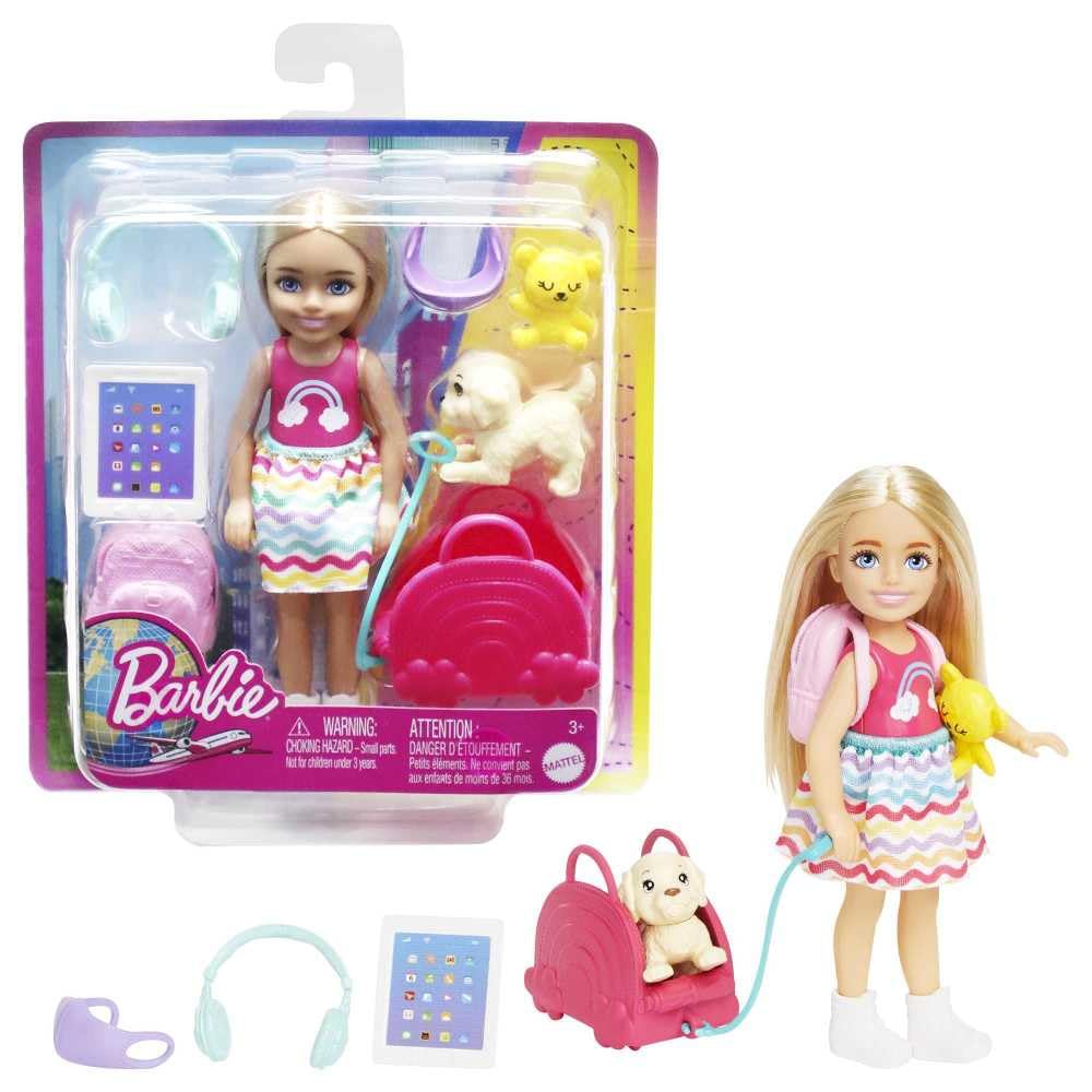 Barbie Chelsea Small Doll & 6 Accessories, Travel Set with Puppy, Pet Carrier & Backpack that Opens & Closes, Blonde Hair