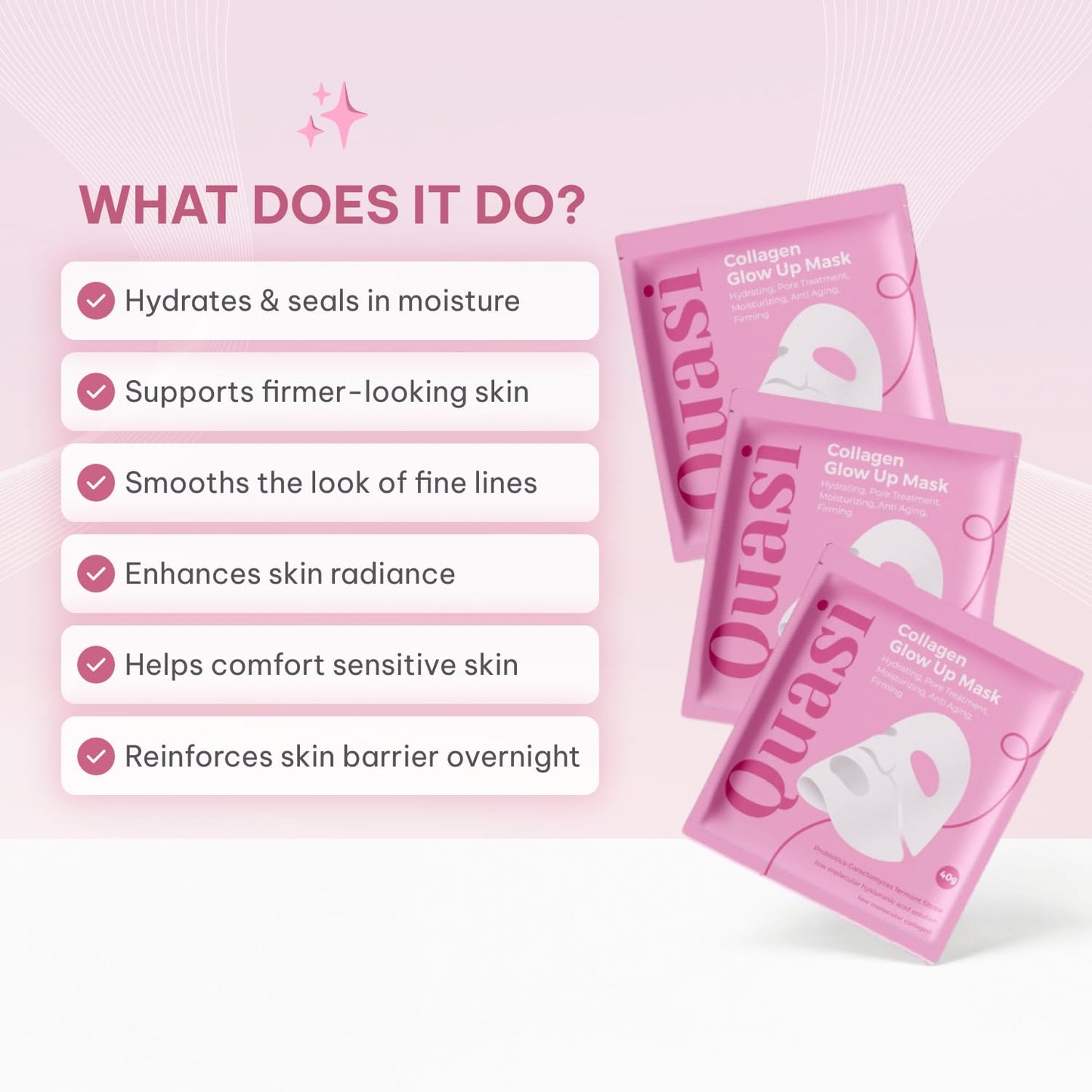 Quasi Bio-Collagen Overnight Face Mask – Hydrating Korean Sheet Mask with Niacinamide & Low Molecular Collagen – 4-Pack, All Skin Types