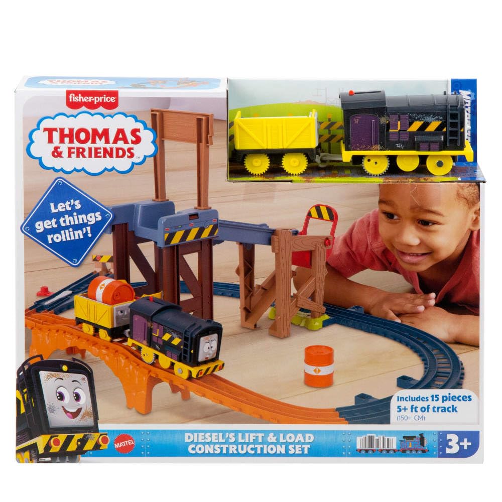 Thomas & Friends Motorized Toy Train Set Diesel’s Lift & Load Construction with Track & Cargo for Preschool Kids Ages 3+ Years