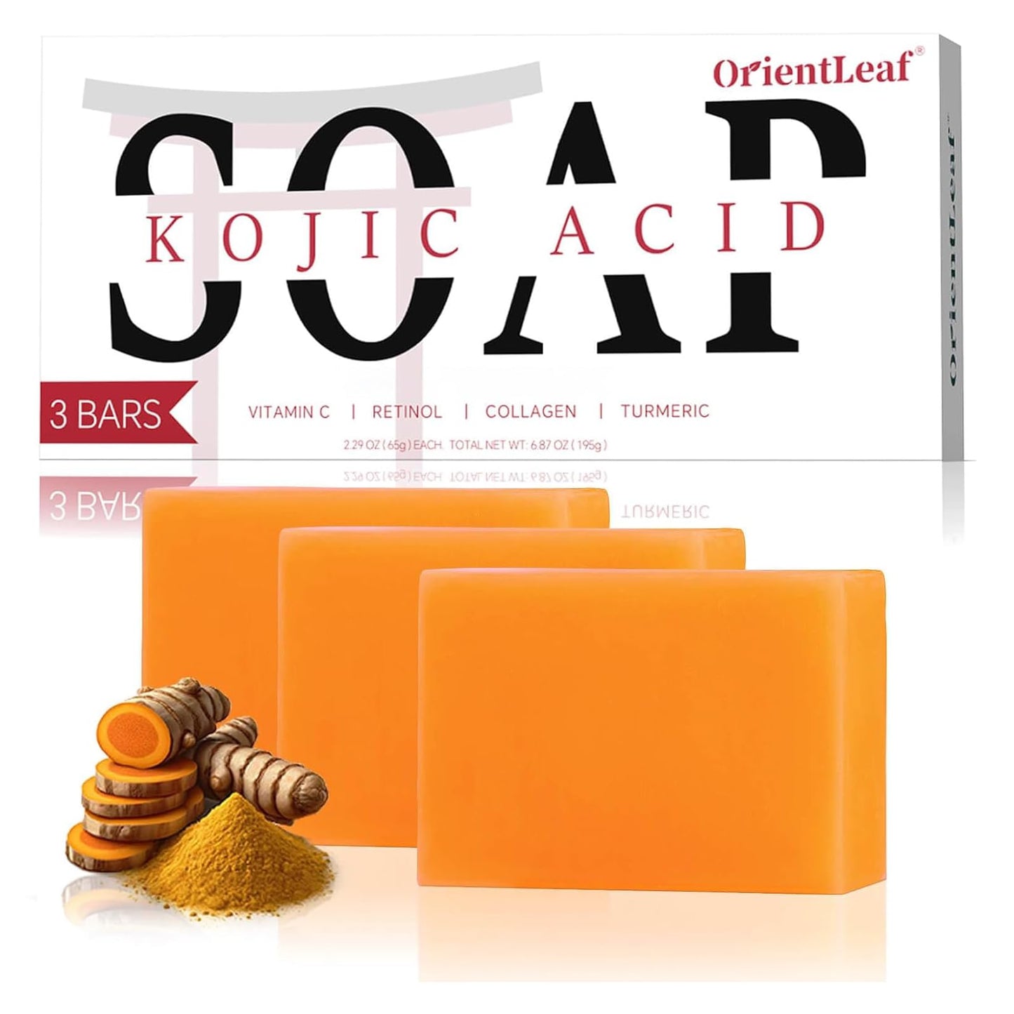 ORIENTLEAF Kojic Acid & Turmeric Soap 3-Pack – Brightening Bar for Dark Spots, Face & Body, Vitamin C, Shea Butter & Collagen