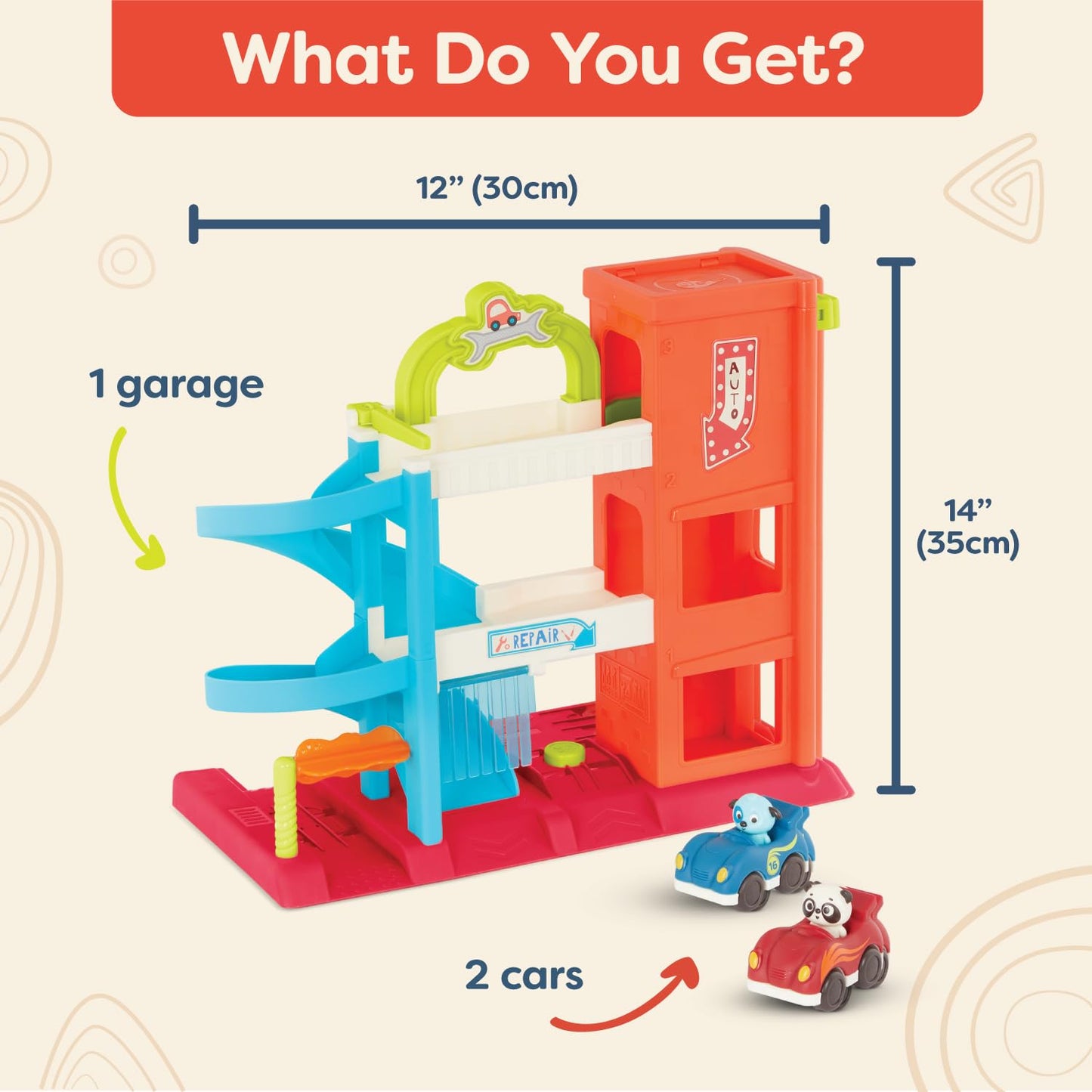 B. toys – Bingo’s Garage – Vehicle Playset Car Garage with Spiral Ramp – Working Elevator with 2 Toy Cars – 3 floor playset – 18+ Months