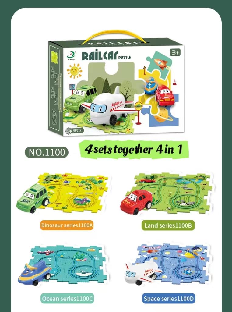 4-in-1 Puzzle Racer Car Track Set for Kids – 4 Themed Jigsaw Tracks, Puzzle Raceway, Preschool Toy Gift for Boys & Girls