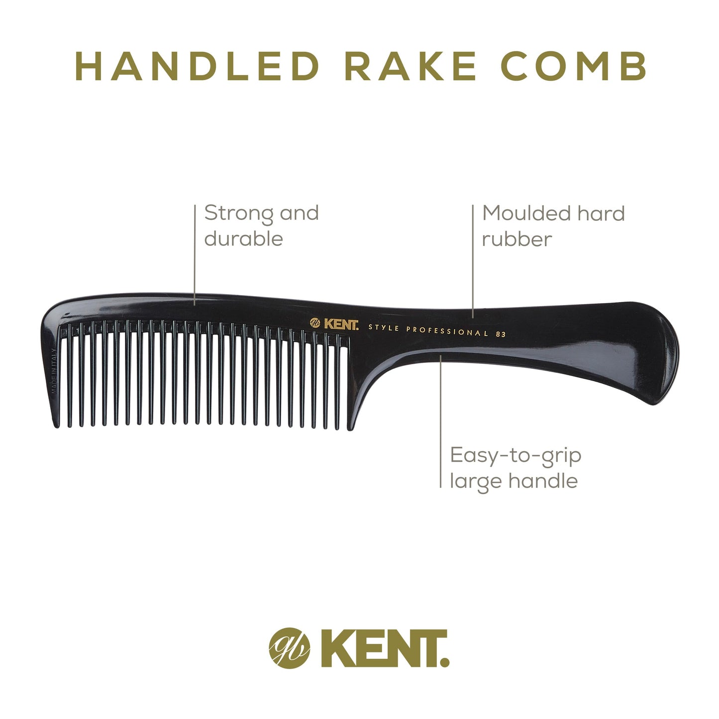 Kent SPC83 Black Salon-Style Barber Comb and Dressing Cutting Detangler with Wide Teeth - Professional Barber Wide Tooth Comb for Styling for Medium and Thick. Ergonomic Grip for Daily Use.