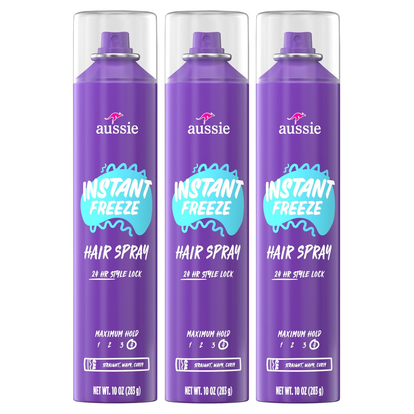Aussie Instant Freeze Hair Spray 3 Pack (10 Fl Oz Each) | Extreme Hold with Jojoba Oil & Sea Kelp | Long-Lasting, Fresh Citrus Scent, All Hair Types