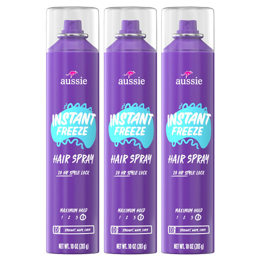 Aussie Instant Freeze Hair Spray 3 Pack (10 Fl Oz Each) | Extreme Hold with Jojoba Oil & Sea Kelp | Long-Lasting, Fresh Citrus Scent, All Hair Types