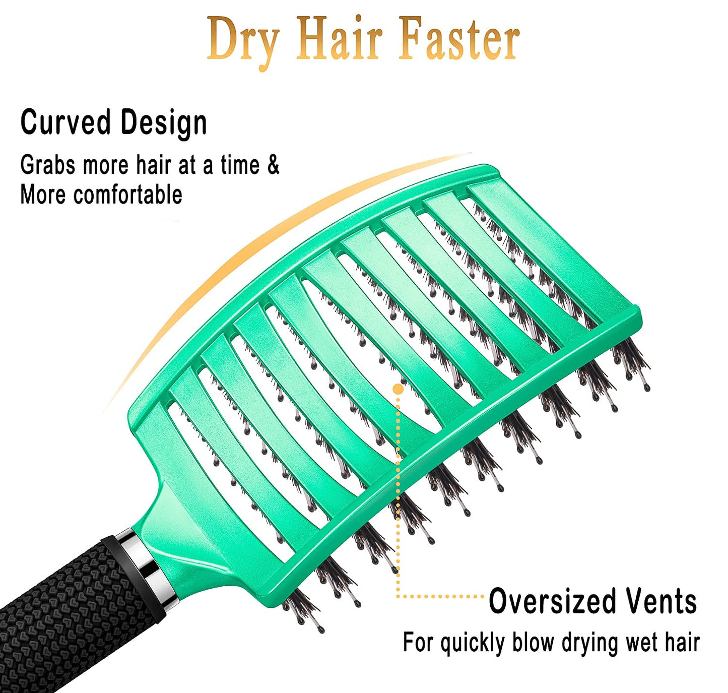 KTKUDY Detangling Brush with Boar Bristles – Curved & Vented Hairbrush for Wet or Dry Hair – Adds Shine & Reduces Frizz for Women, Men & Kids, Light Green