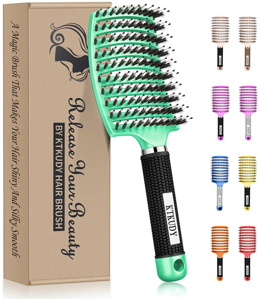 KTKUDY Detangling Brush with Boar Bristles – Curved & Vented Hairbrush for Wet or Dry Hair – Adds Shine & Reduces Frizz for Women, Men & Kids, Light Green