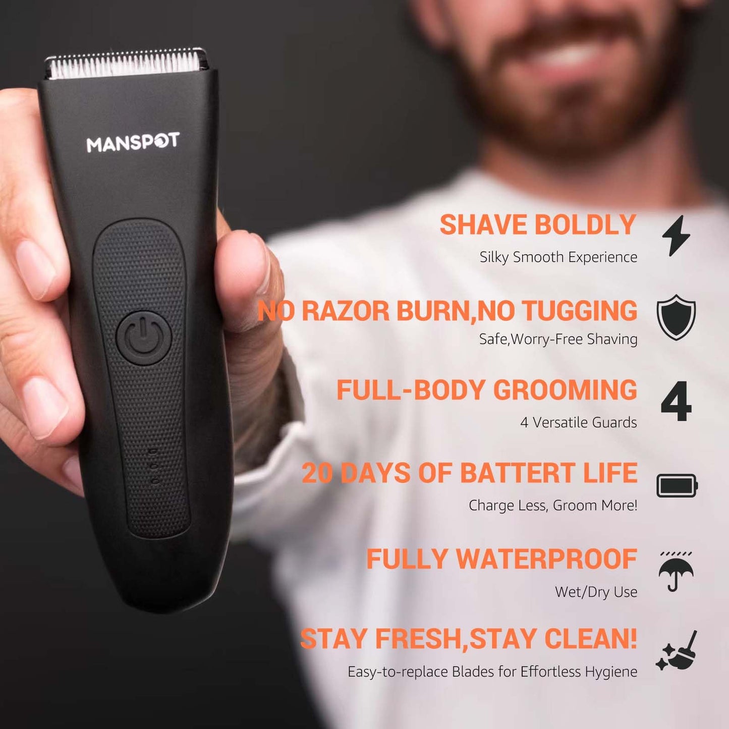 MANSPOT Groin & Body Hair Trimmer for Men | Waterproof Electric Ball & Pubic Shaver | 4 Guards, Replaceable Ceramic Blades, 90-Min Runtime