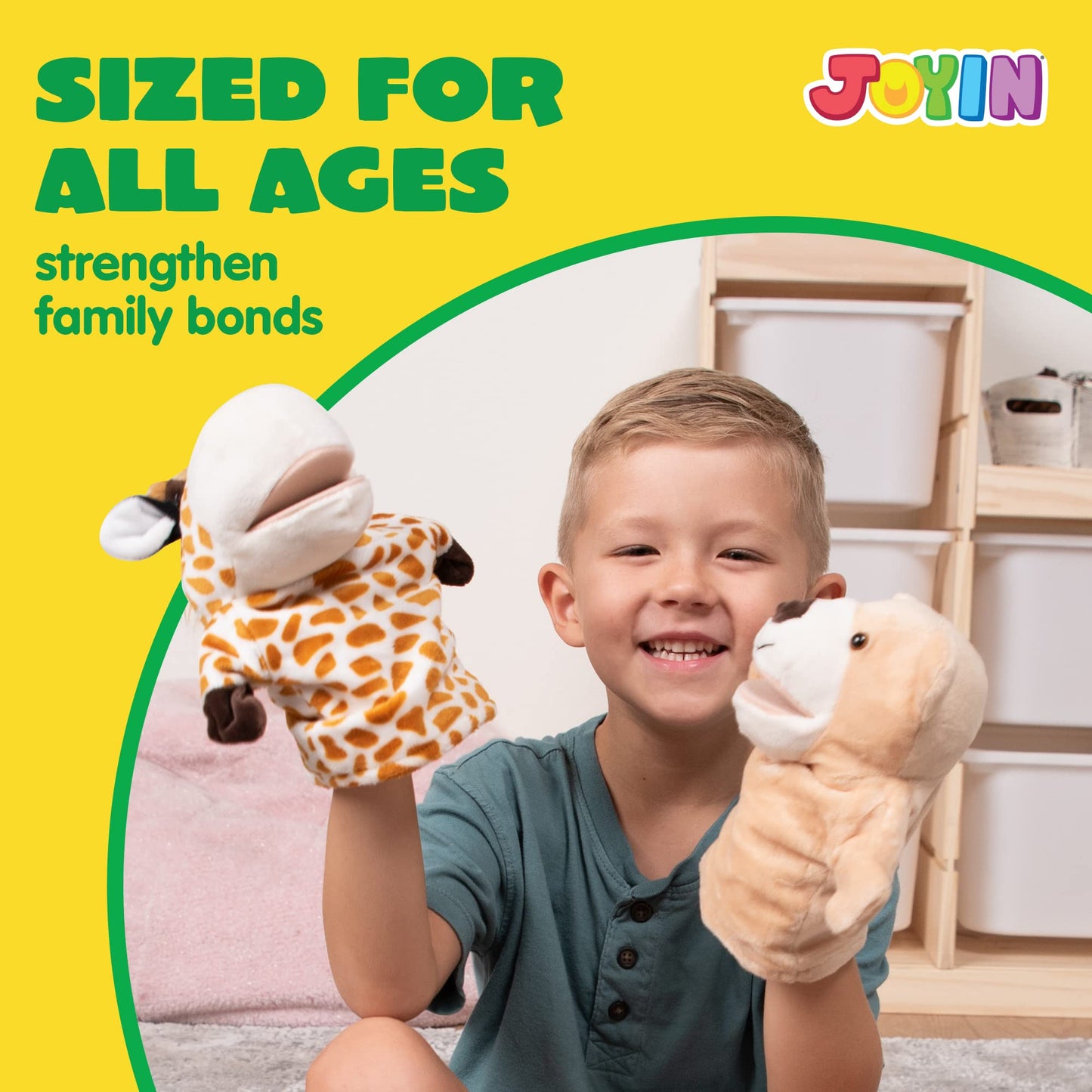 JOYIN 6Pcs Animal Hand Puppet Set with Moving Mouths – Elephant, Giraffe, Lion, Bear, Raccoon & Monkey Plush Toys for Kids Age 3+
