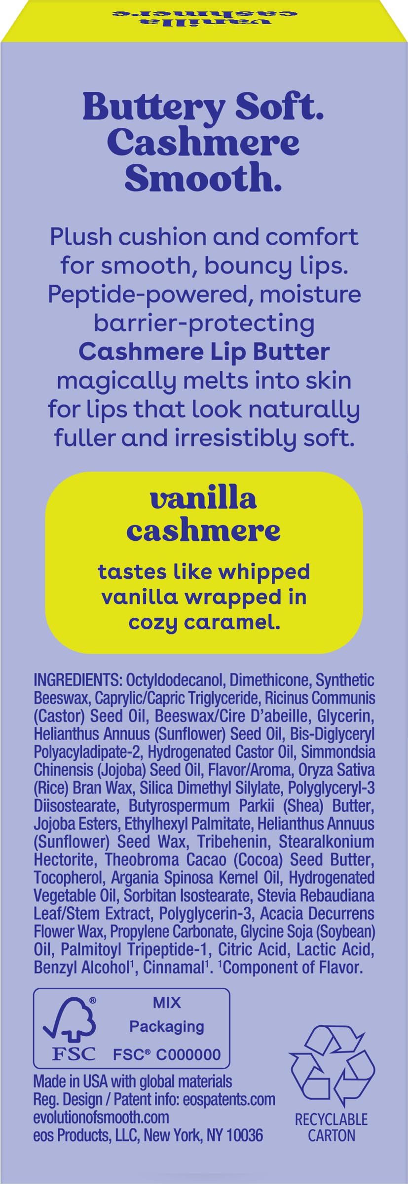 eos Cashmere Lip Butter, Vanilla Cashmere, eos Lip Butter with Plumping Peptides For Smooth Lips, 0.35 fl oz