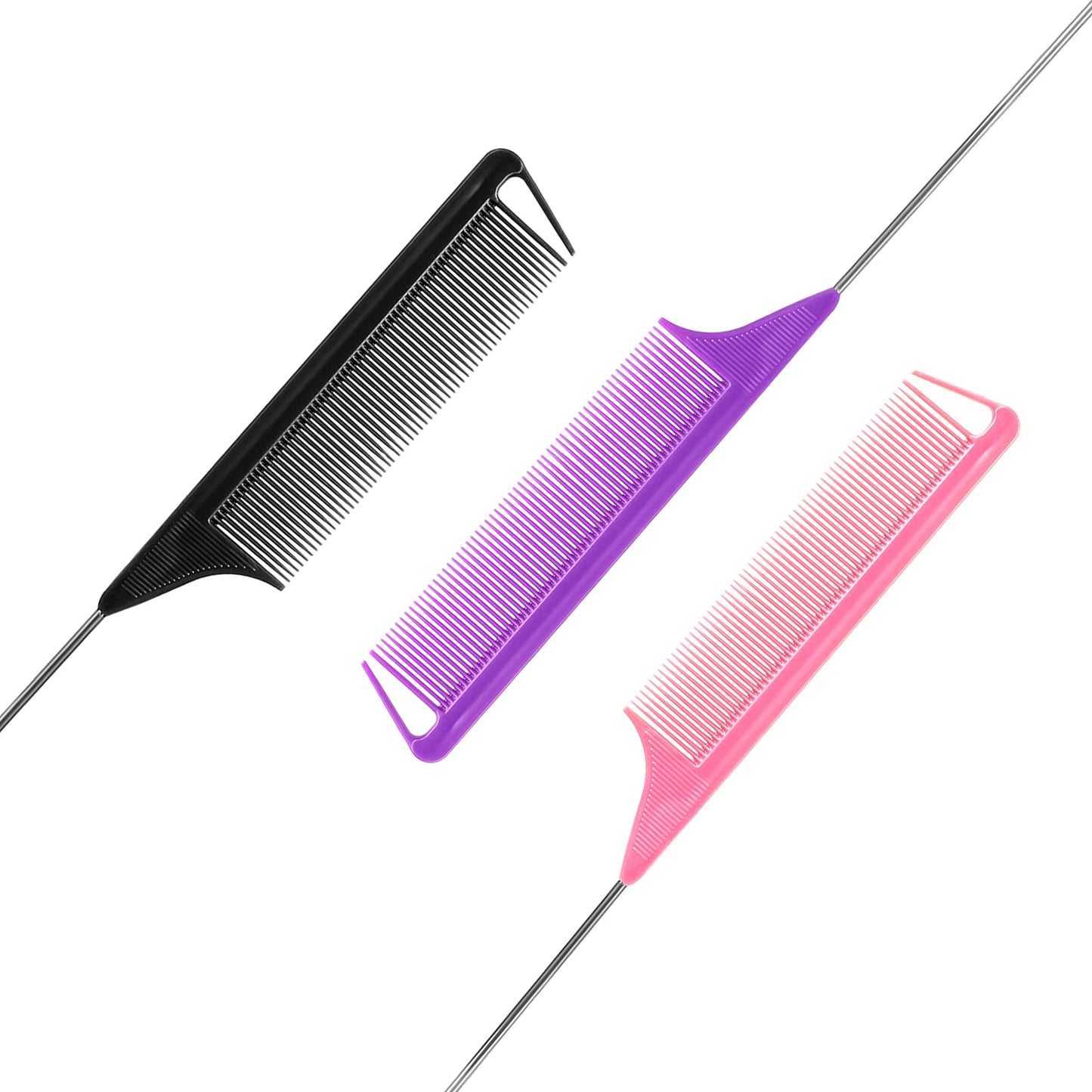 Rat Tail Combs Set: 3Pcs Long Steel Pin Teasing Combs for Salon Hair Stylists, Metal Parting Combs for Women (Purple, Black, Pink)
