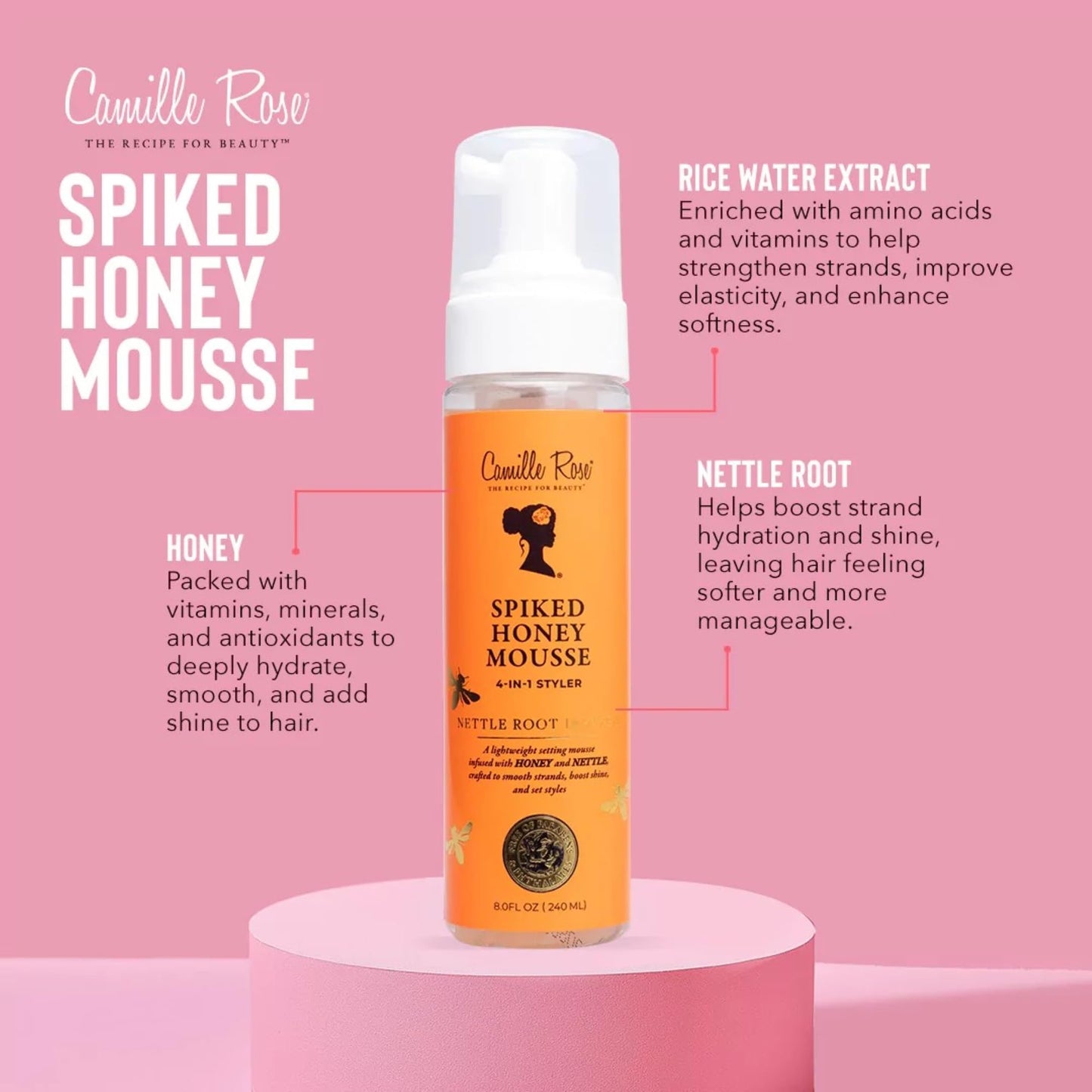 Camille Rose Spiked Honey Mousse 4-in-1 Hair Styler with Nettle Root – Nourishes, Hydrates, Defines Curls & Adds Shine – For All Hair Types, 8 fl oz