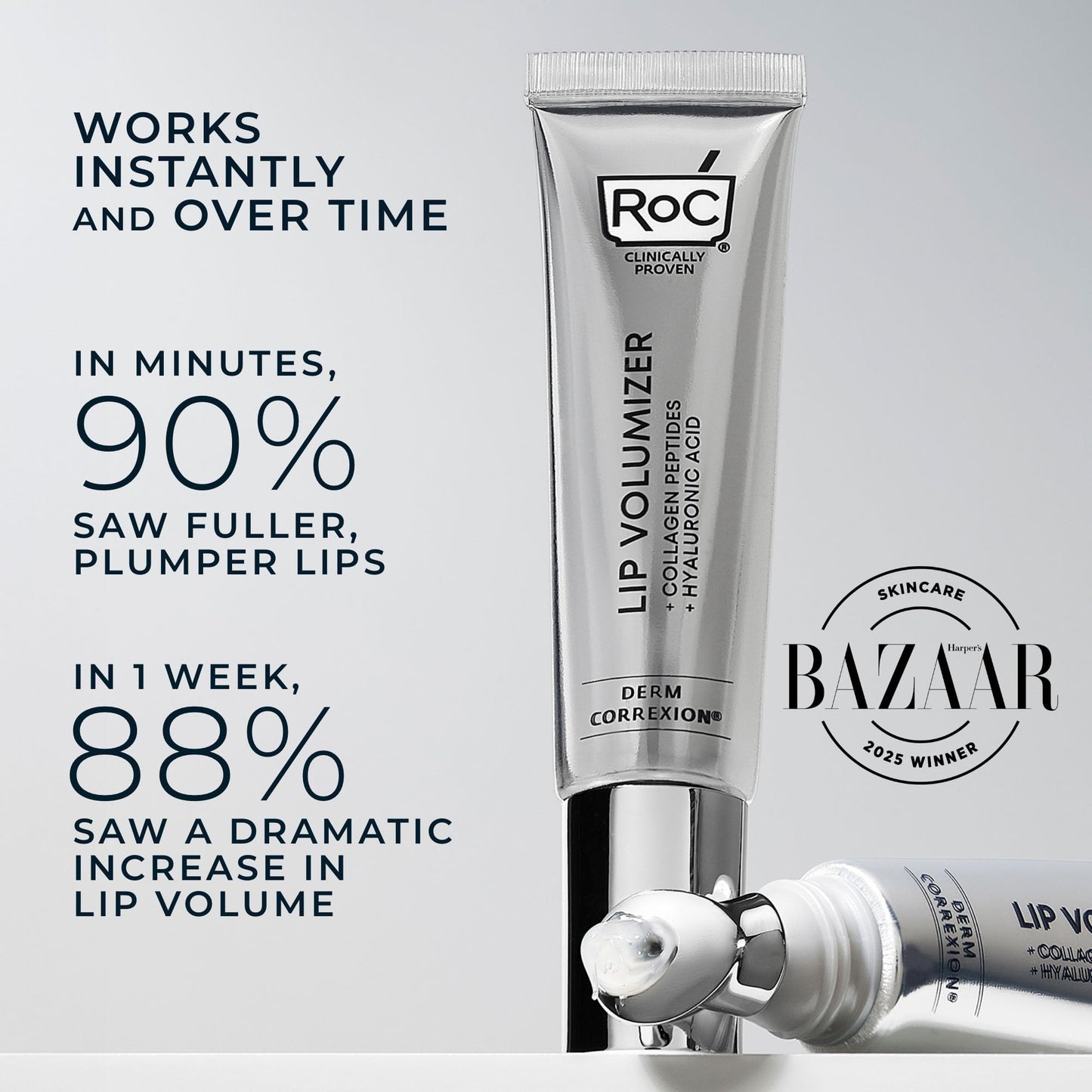 RoC Derm Correxion Lip Volumizer - Lip Plumper Peptide Treatment with Hyaluronic Acid & Vitamin E + Line Smoothing Eye Cream Packette