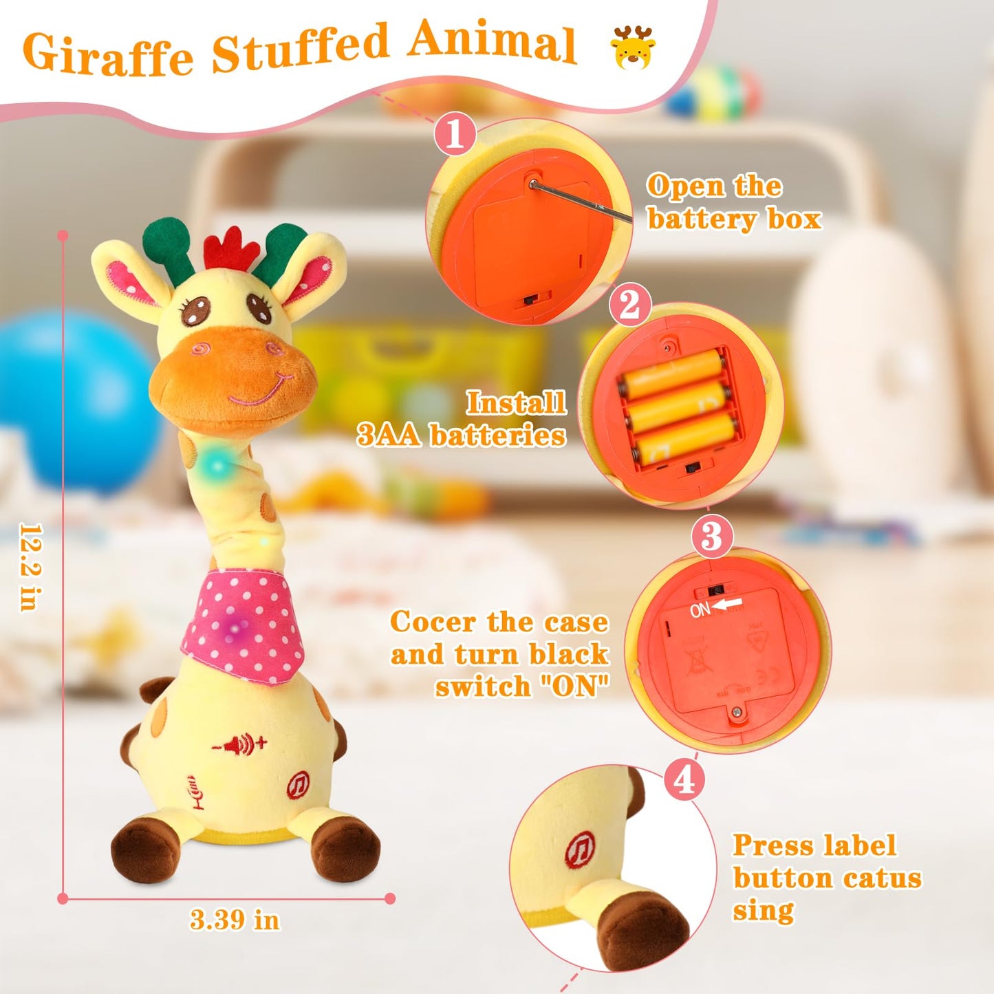 LLUKEME Dancing Talking Giraffe Toy – Stuffed Animal, Musical Light-Up Plush, Repeats What You Say, Fun Gift for Toddlers 1-3