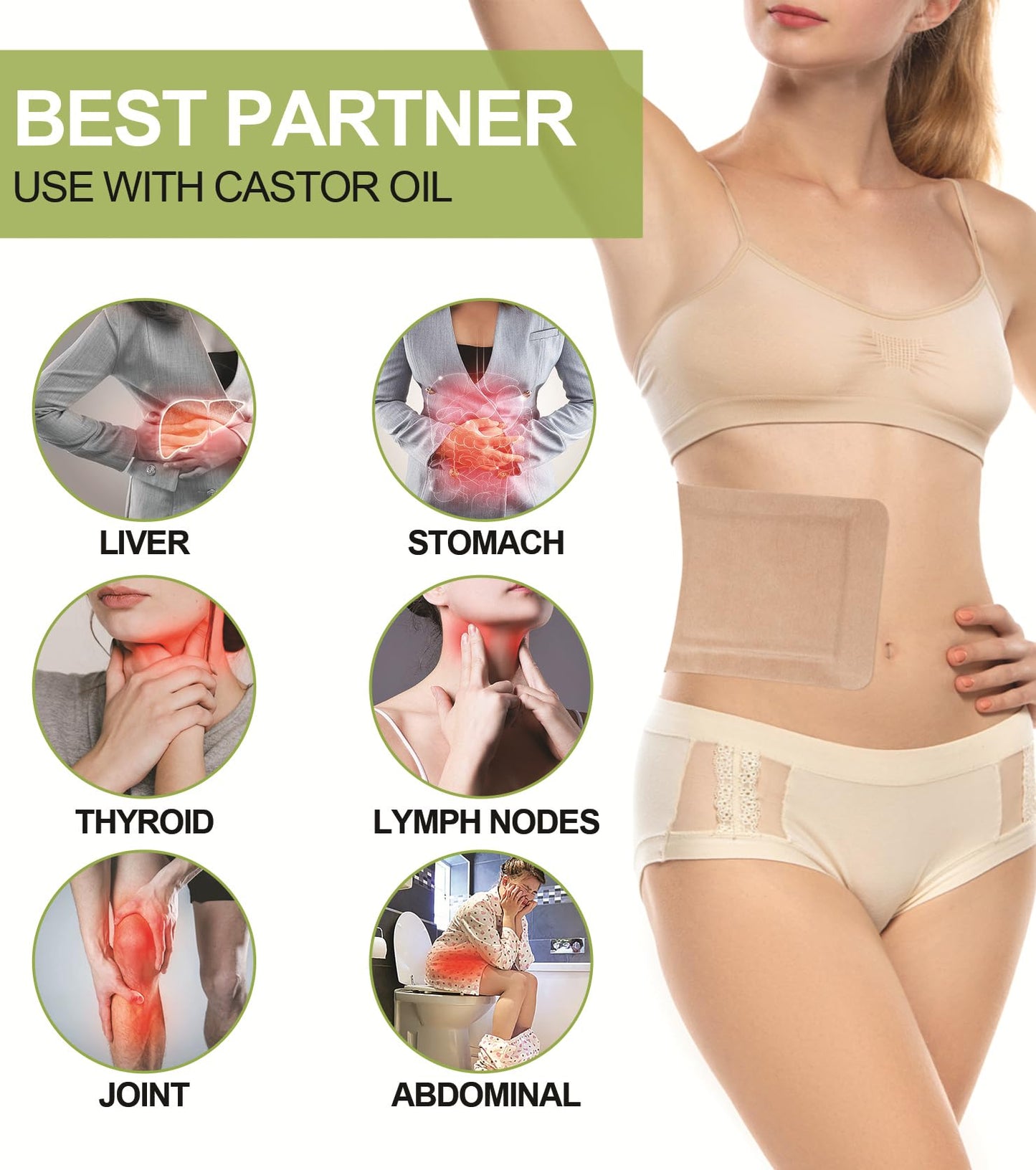 STFOCE 20pcs Disposable Castor Oil Pack Wraps – Organic Cotton, Self-Adhesive, Leak-Free, Skin-Safe for Stomach, Liver & Body