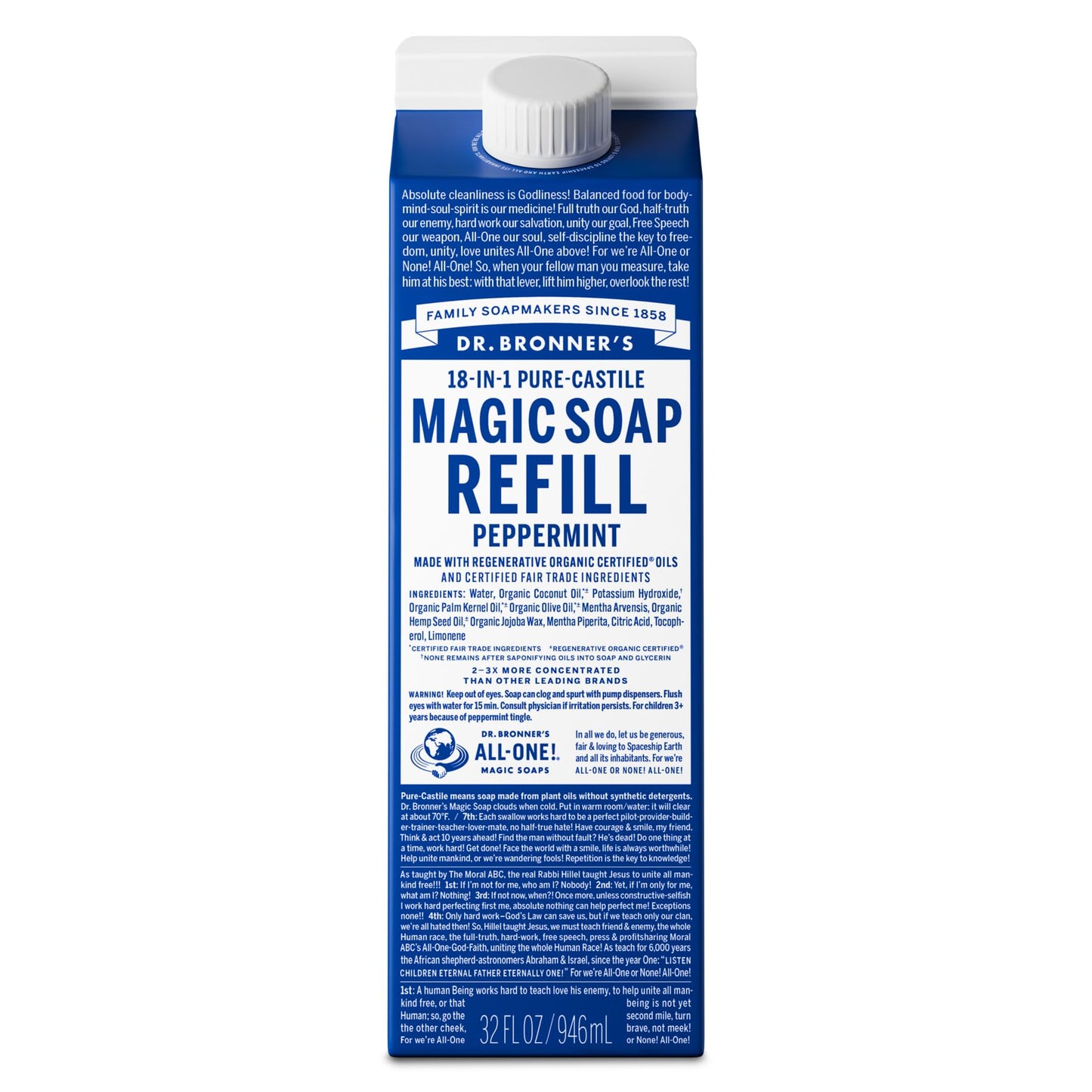 Dr. Bronner's Pure-Castile Liquid Soap Refill, Peppermint 32oz – Organic Oils, 18-in-1 Uses, Eco-Friendly 86% Less Plastic, Face & Body Wash