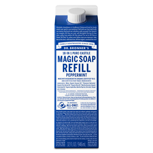 Dr. Bronner's Pure-Castile Liquid Soap Refill, Peppermint 32oz – Organic Oils, 18-in-1 Uses, Eco-Friendly 86% Less Plastic, Face & Body Wash