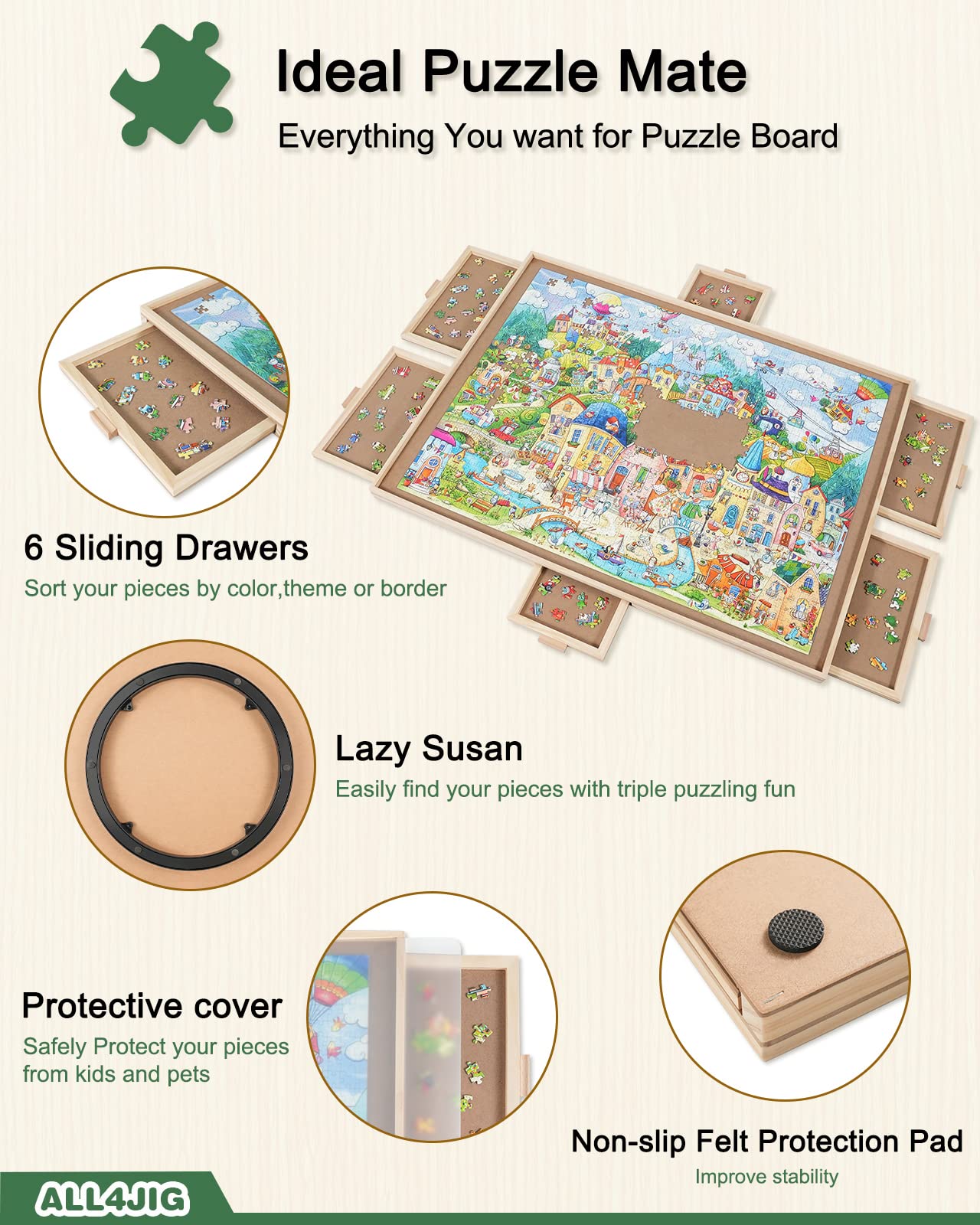 ALL4JIG 1500 Pieces Rotating Puzzle Board with 6 Drawers and Cover,25"x34"Portable Wooden Jigsaw Puzzle Table for Adults,Lazy Susan Spinning Puzzle Boards Birthday Gift for mom