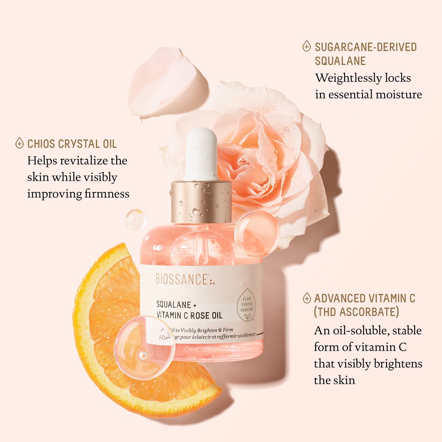 BIOSSANCE Squalane + Vitamin C Rose Facial Oil - Brighten, Firm & Hydrate Skin with Damascus Rose & Chios Crystal, 1 oz