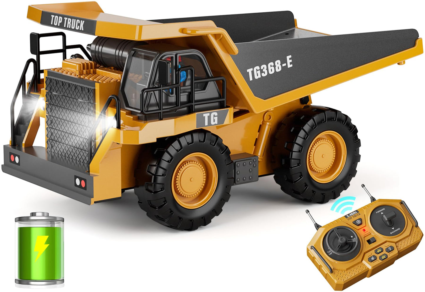 RC Dump Truck Toy – 9-Channel Remote Control Construction Truck with Metal Bed & Lights, Rechargeable, Kids Gift Ages 3-12+