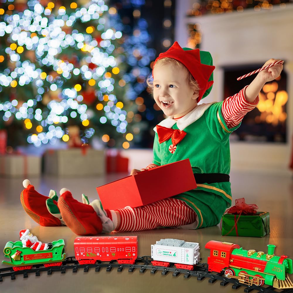 VATOS 2-in-1 Hanging Christmas Train Set with Lights & Sounds – Indoor/Outdoor Holiday Toy Around & Under Tree, Family Decoration