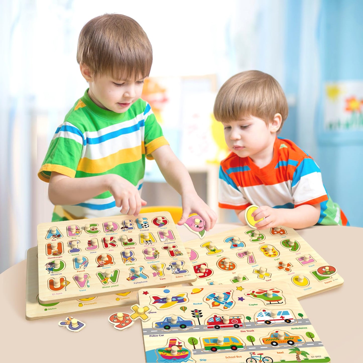 edutree Wooden Peg Puzzles for Toddlers – 6-Pack Montessori Educational Toys with Alphabet, Numbers, Animals, Vehicles & Shapes for Ages 1-5
