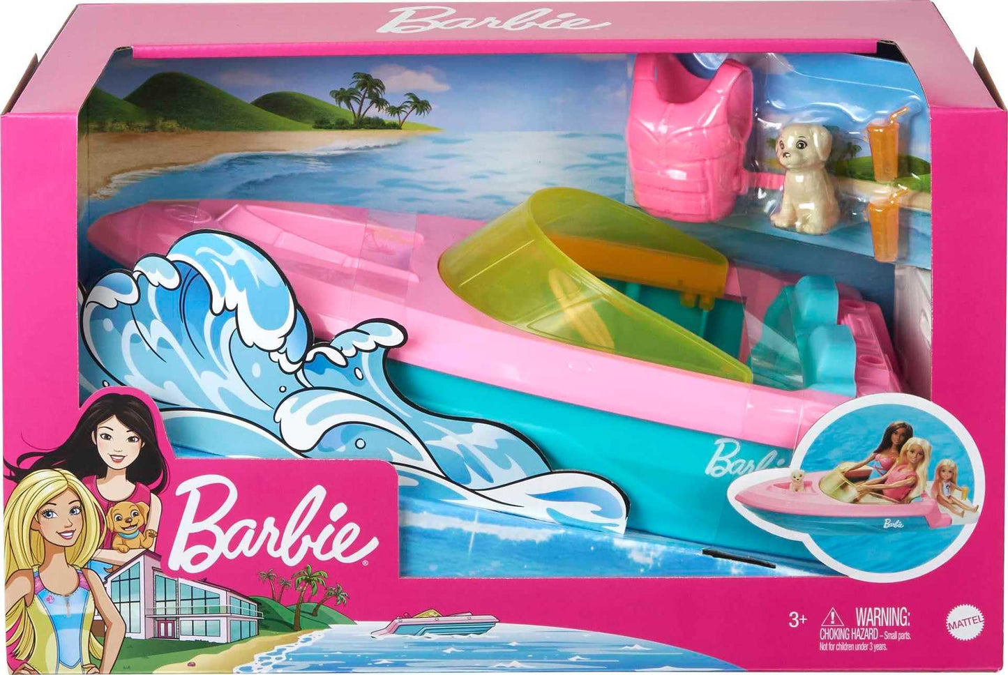 Barbie Boat with Puppy and Themed Accessories, Fits 3 Dolls, Floats in Water, Great Gift for 3 to 7 Year Olds