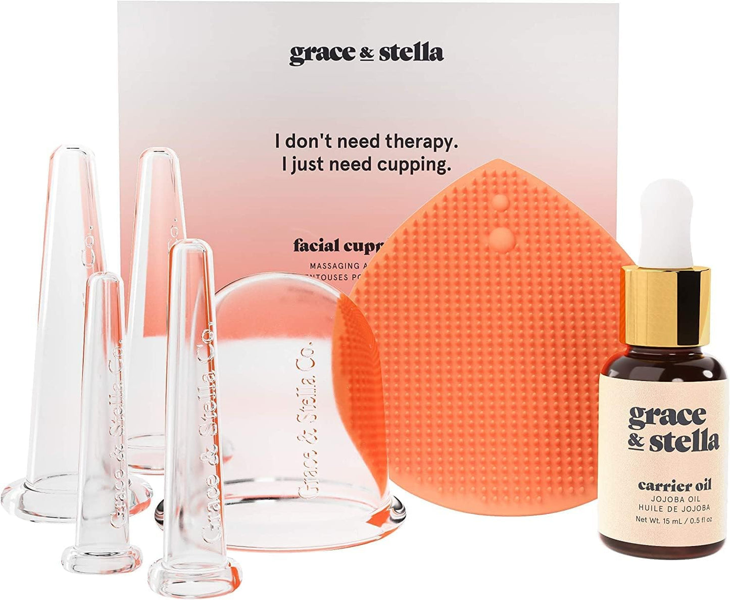 Grace & Stella 7-Pc Facial Cupping Set with Jojoba Oil & Cleansing Brush – Lymphatic Drainage & Fine Line Reduction