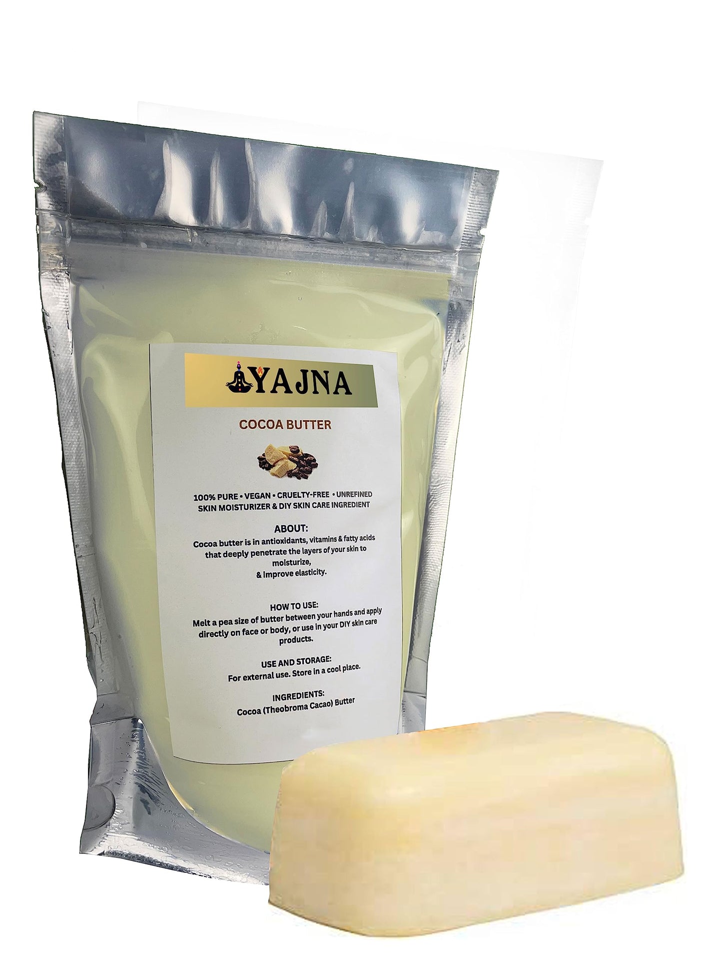 Yajna Organic Raw Cocoa Butter 100% Pure & Unrefined, Skin & Hair Moisturizer, DIY Creams, Lotions, Soaps, 1lb/450g Ivory Grade A