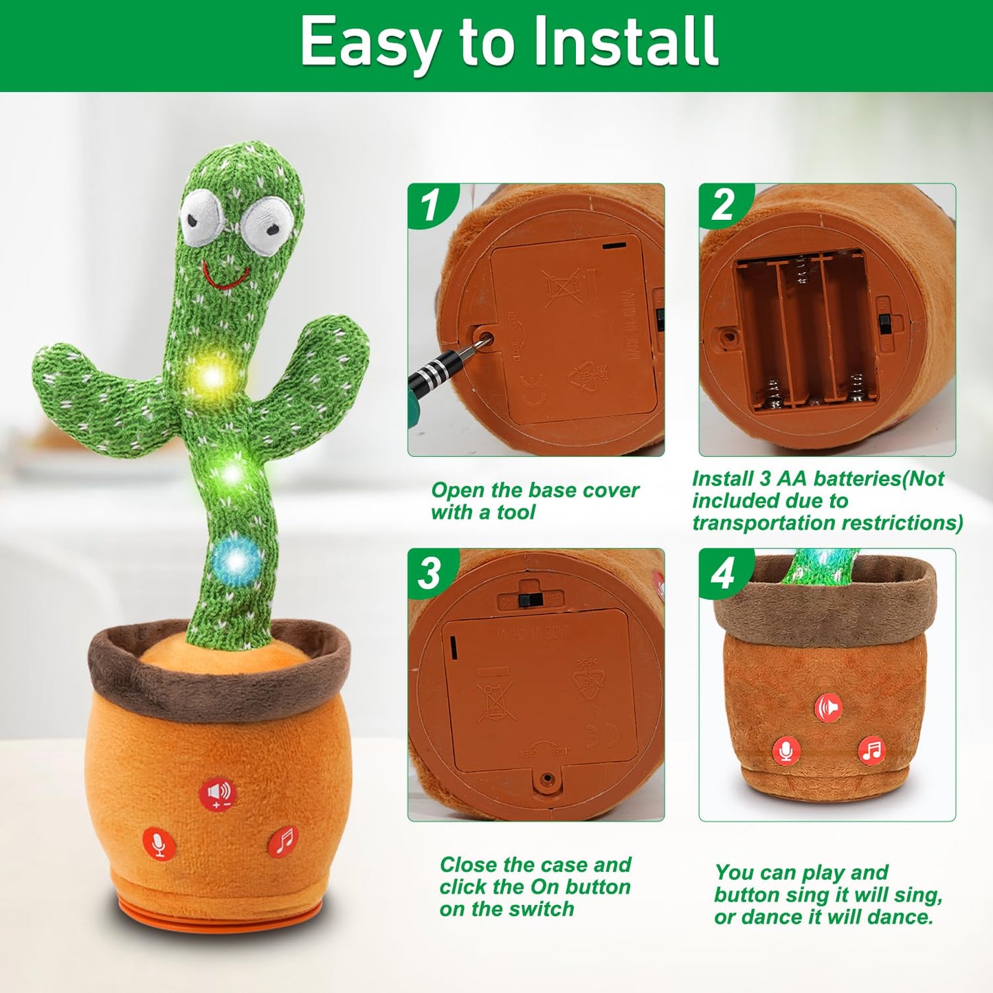 Invasgi Dancing Talking Cactus Toy, Toddlers' Mimicking Singing Cactus Toy Records Repeats What You Say, 120 Songs with Adjustable Volume Baby Toys for Girls Boys for Christmas Birthday