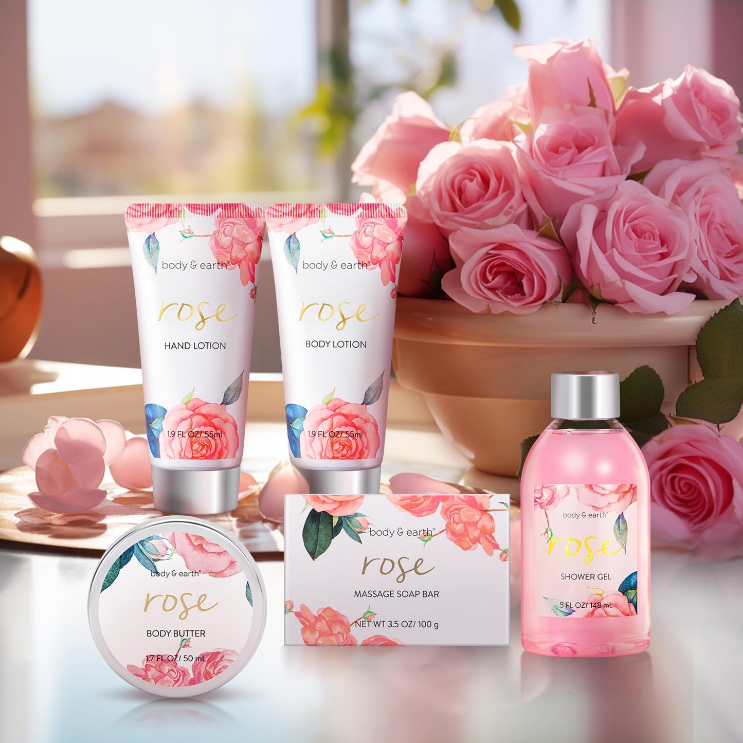 BODY & EARTH Luxurious 5-Pc Rose Scent Spa Gift Set for Women – Bath & Body Gift Box with Lotion, Body Wash, Butter – Birthday Gift Idea