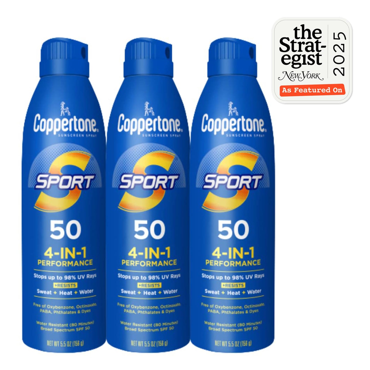 Coppertone Sport SPF 50 Sunscreen Spray, Sweat & Water Resistant, Oxybenzone-Free, Lightweight Sunblock, 5.5oz, Pack of 3