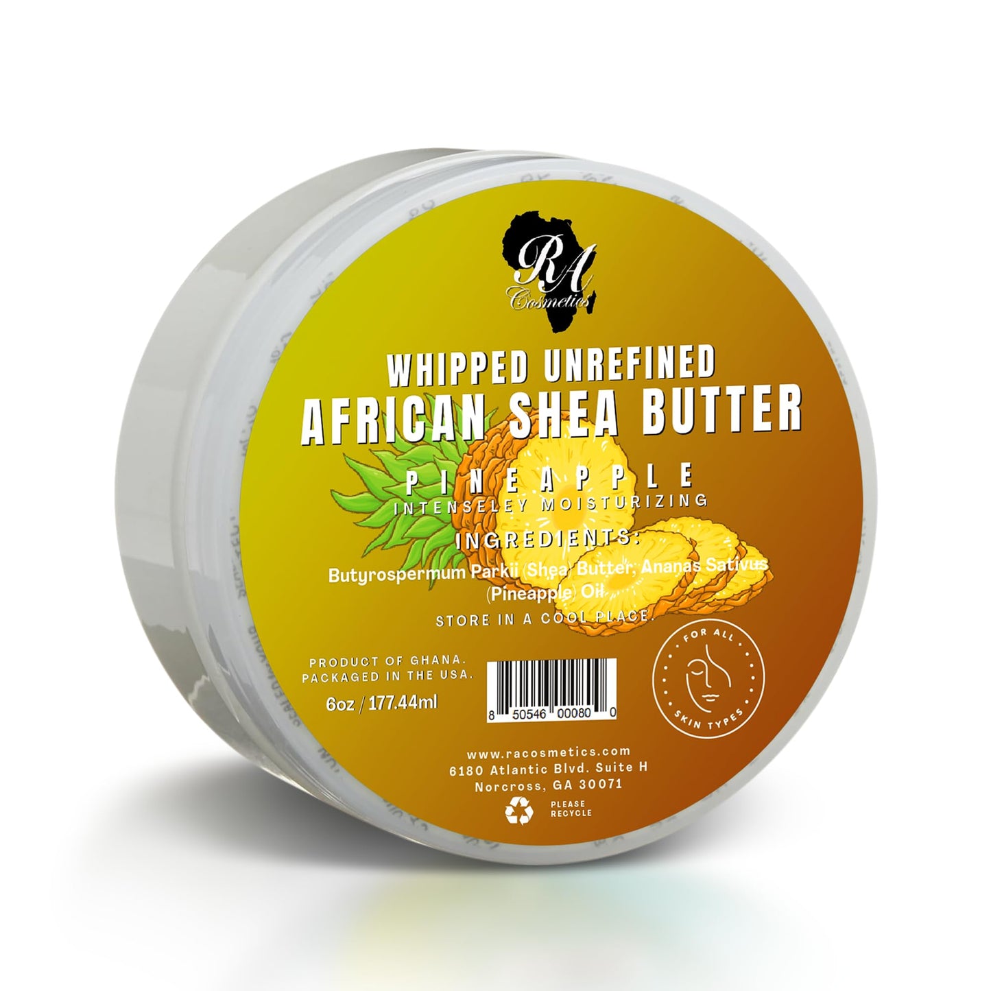 RA COSMETICS Whipped Shea Butter Pineapple 6oz – 100% Pure Natural African Shea Butter, Handcrafted Moisturizer with Vitamins for Skin