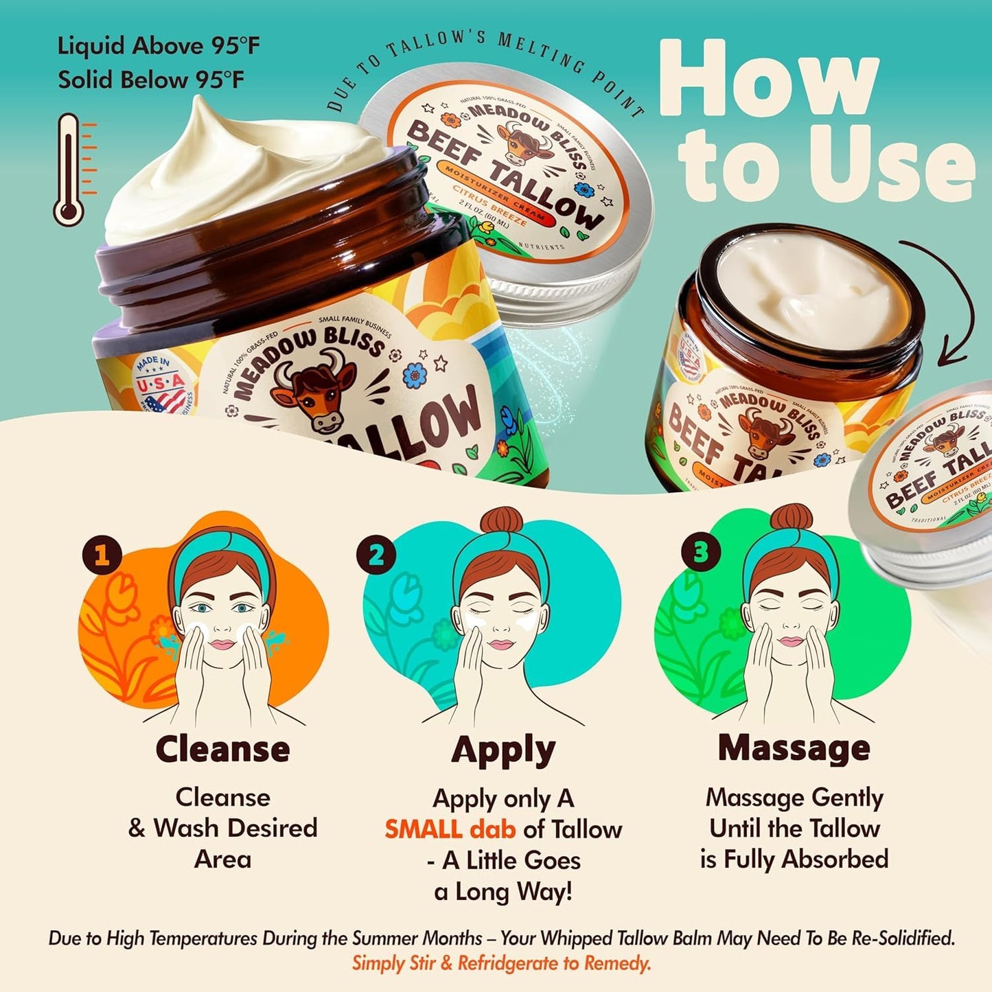 Meadow Bliss Whipped Beef Tallow Moisturizer - 100% Grass-Fed, Organic Jojoba & Shea, Eczema & Rosacea Relief, Citrus Breeze 4 oz