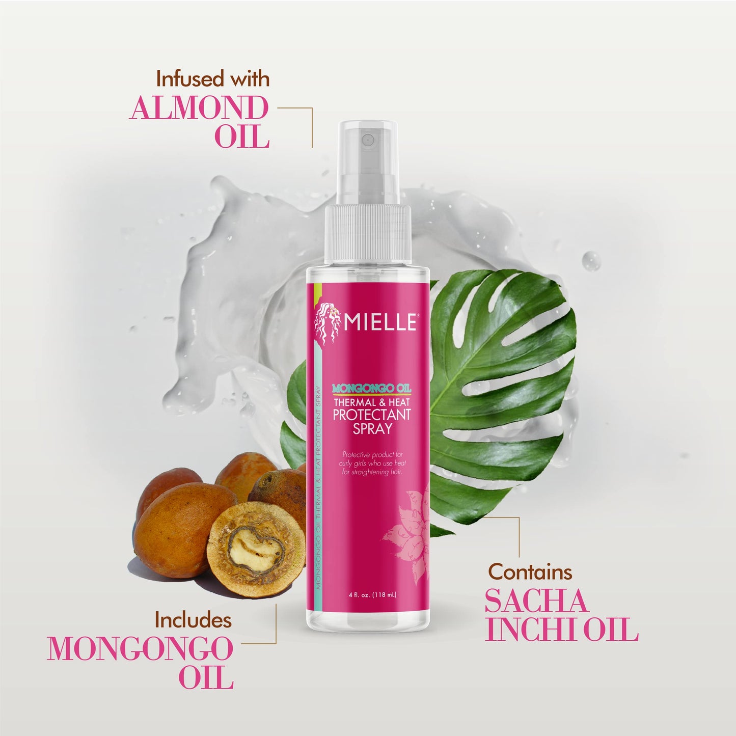 Mielle Mongongo Oil Thermal & Heat Protectant Spray – Intense Heat Defense for All Hair Types, Protects from Damage & Preserves Curl Pattern, 4 Fl Oz
